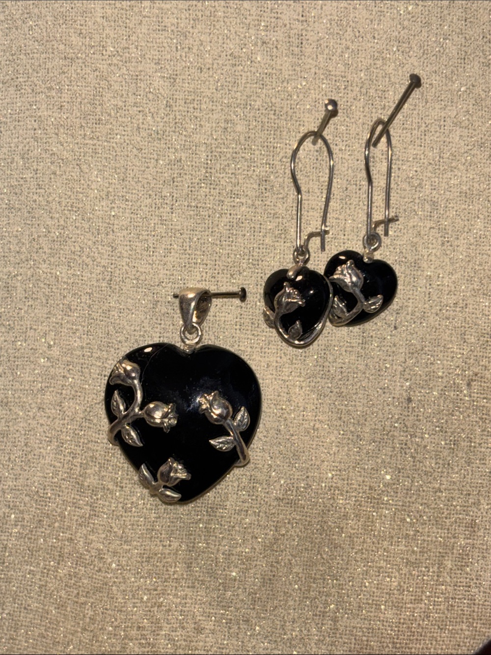 Vintage sterling silver and onyx heart and rose set